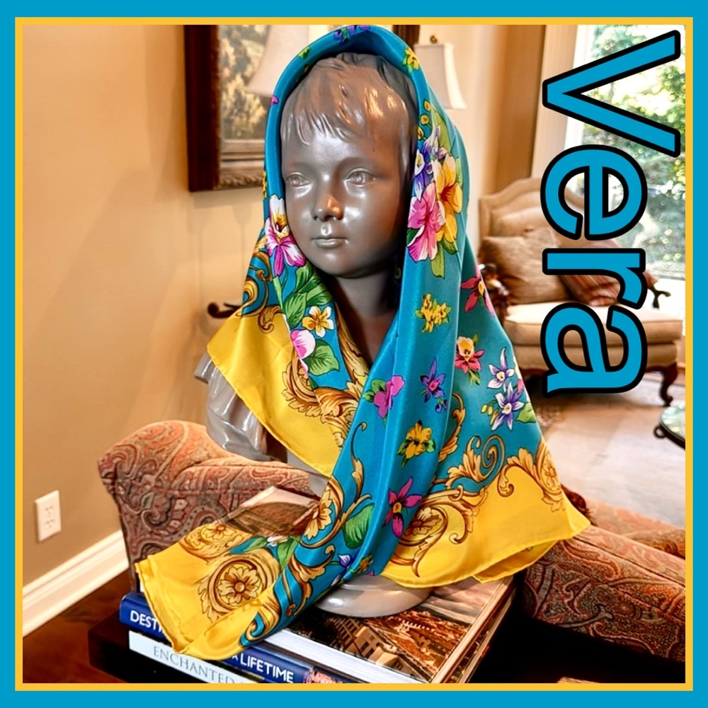 VERA FLORAL AQUA & YELLOW VINTAGE DECORATIVE SCARF